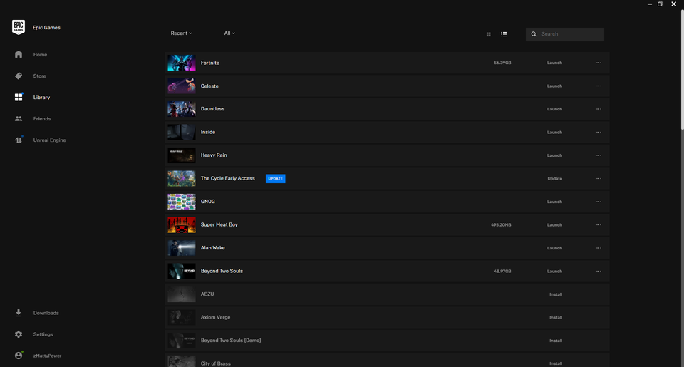 Epic Games Store Library List View