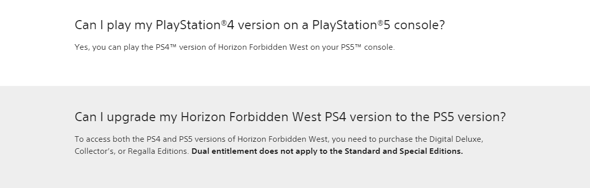 Horizon Forbidden West Standard and Special editions do not include Dual  Entitlement for PS4 and PS5 versions